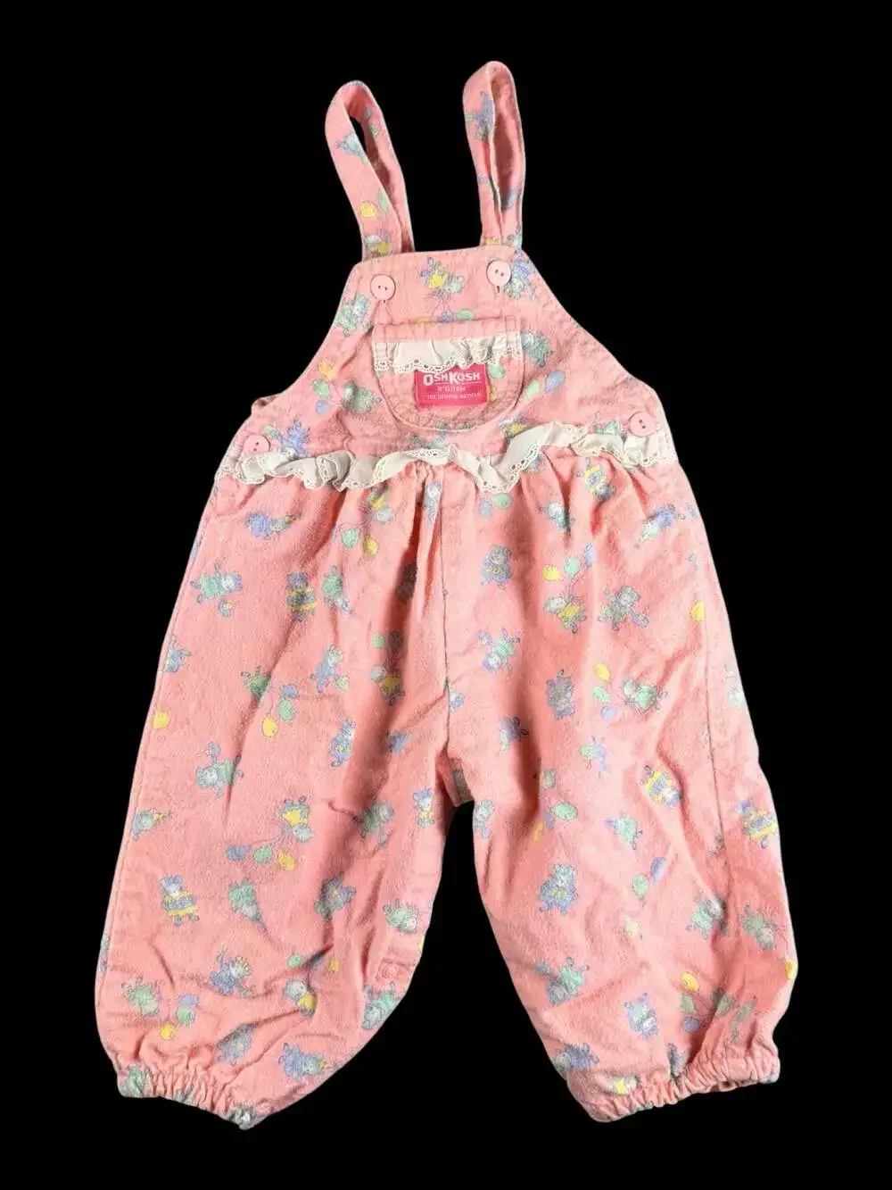 Vintage OshKosh B'Gosh Pink Floral Bear Print Corduroy Overalls Size 24M